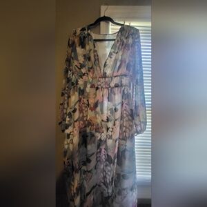 Boutique Floral V-Neck Tea Length Dress